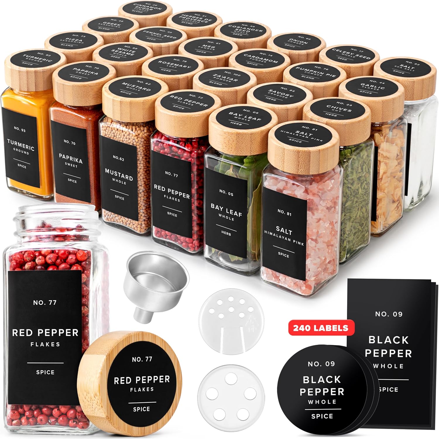 EDELHAUS® Square Spice Jars with Bamboo Wooden Lid (Pack of 24) Spice Jars with Shaker Insert and 240 Labels – Bamboo Lid Glass Container for Spice Organisation [4.3 in × 1.8 in]