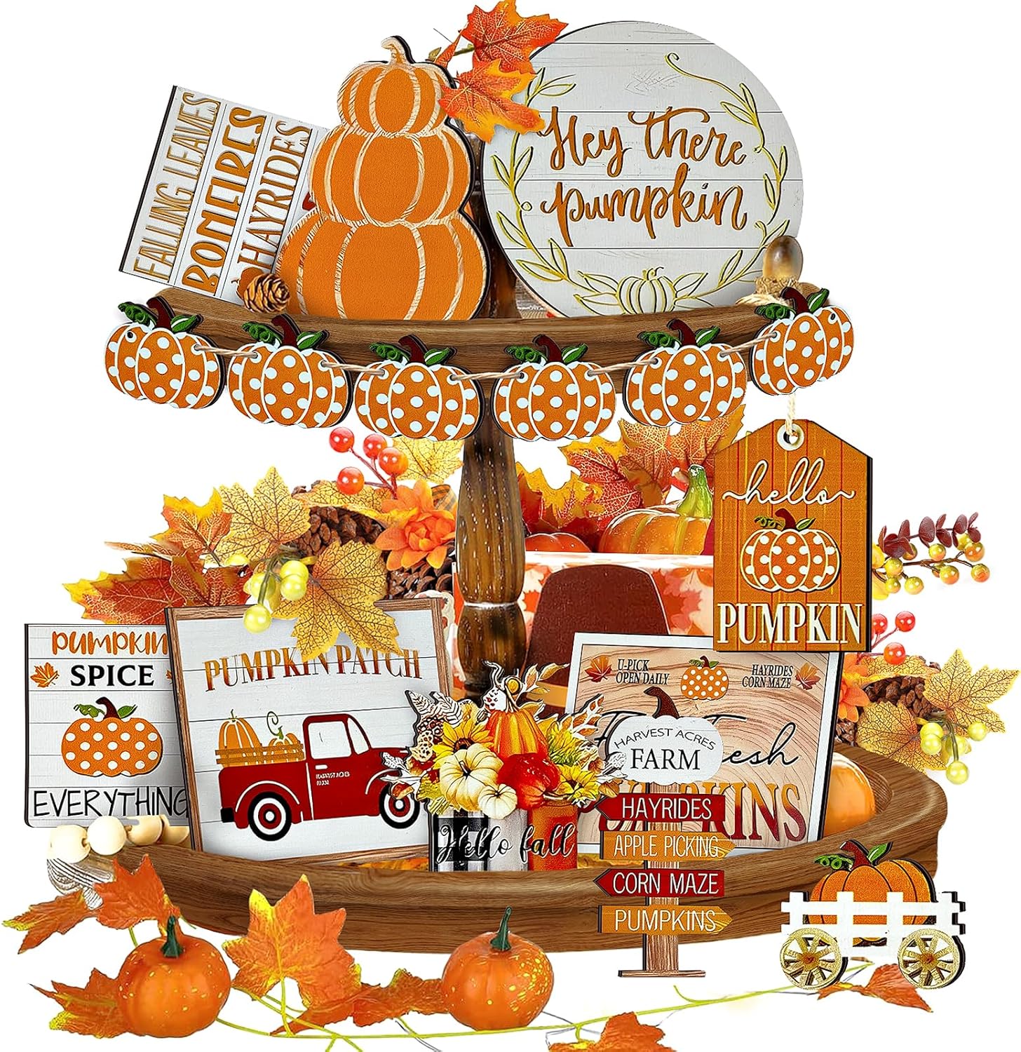 Thanksgiving Tiered Tray Decor Set Pumpkin Home Decorations Rustic Farmhouse Truck Wooden Sign Spice Blocks Autumn Sign for Festival Gift Tabletop (Pumpkin)