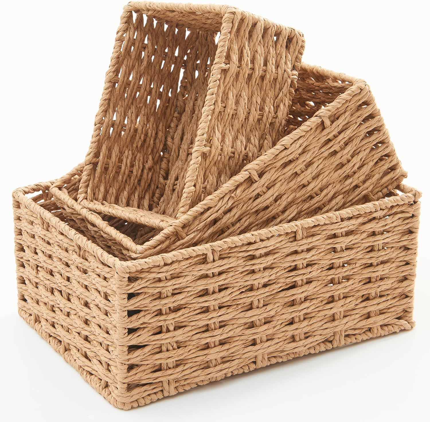 Small Wicker Basket for Organizing, Woven Storage Basket Set of 3 – Handwoven Natural Paper Rope Baskets to Declutter Any Room, Perfect for Organizing and Home Decor