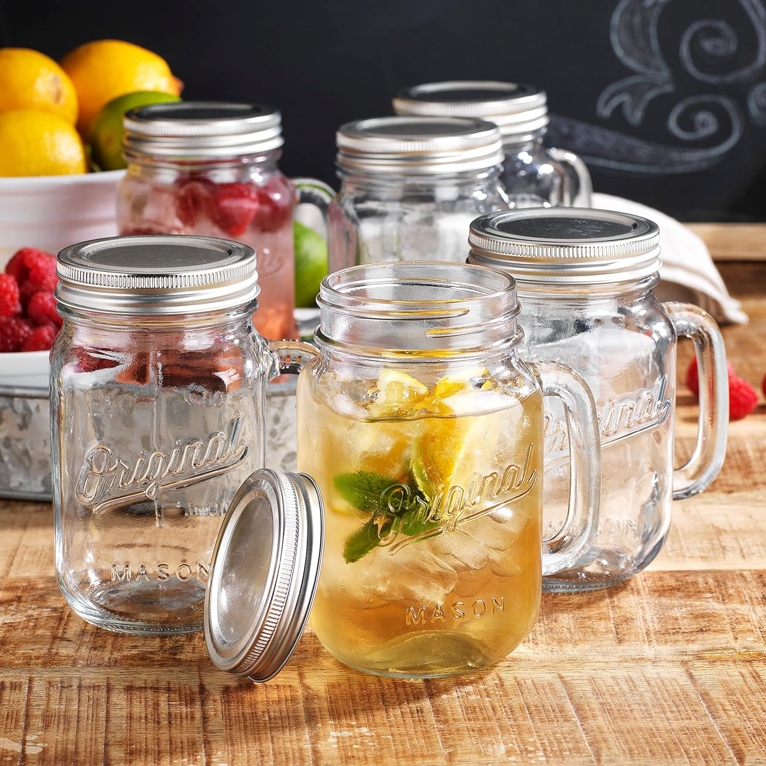 Glaver’s Mason Jar 16 Oz. Glass Mugs with Handle and Lid Set Of 6 Old Fashioned Drinking Glass Bottles Original Mason Jar Pint Sized Cup Set.