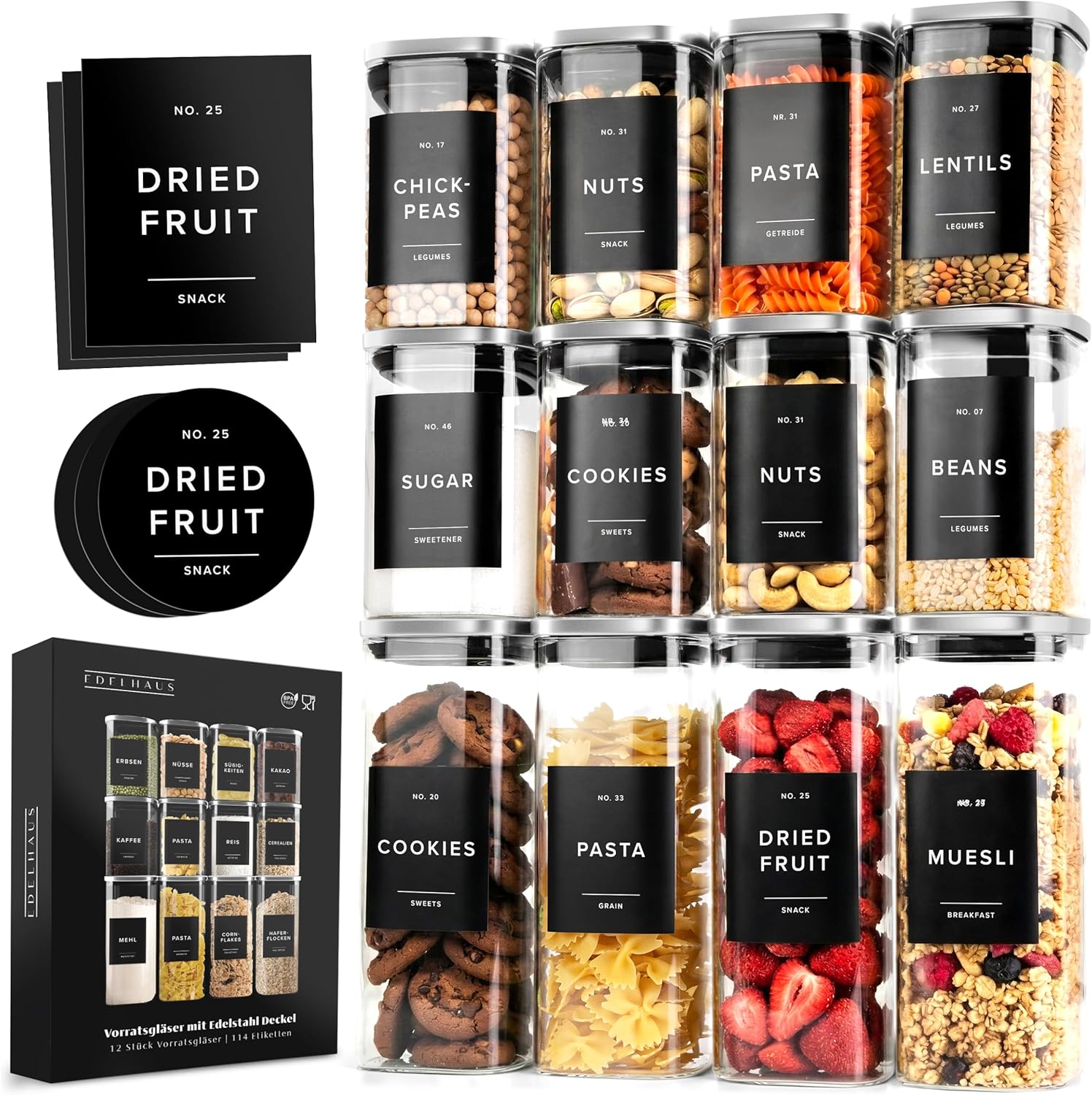 EDELHAUS Square Glass Storage Containers with Stainless Steel Lids 12-Pack (4x 30 oz, 8x 17 oz) Glass Storage Jars with Lids for Food, Stackable Glass Kitchen Canisters with 114 Labels for Pantry