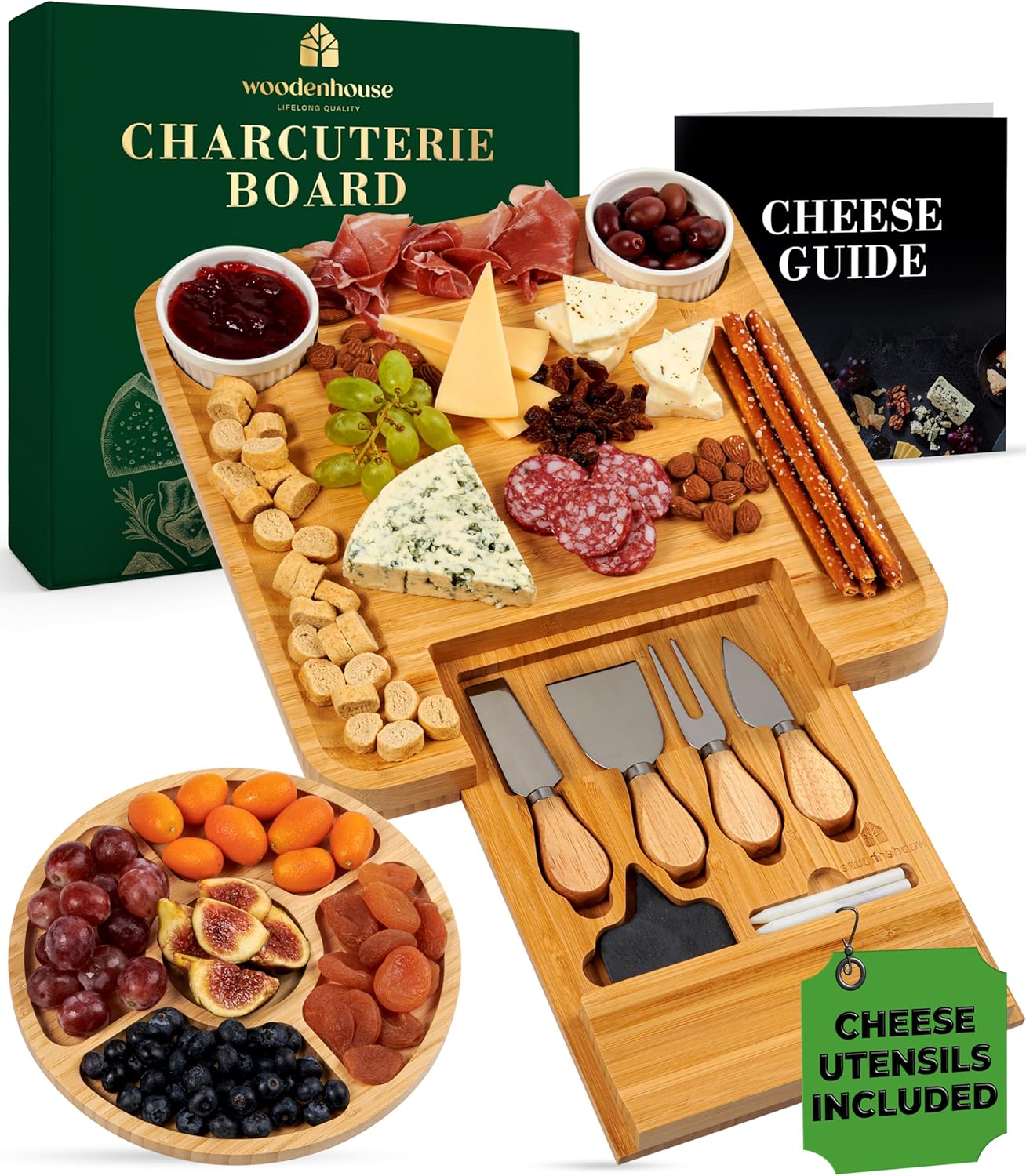 Bamboo Charcuterie Boards Gift Set – Meat and Cheese Tray with Utensils, Fruit Tray, and 2 Sauce Bowls Included – Bamboo Cheese Platter – House Warming Gifts New Home Couples & Family, Wedding Gifts
