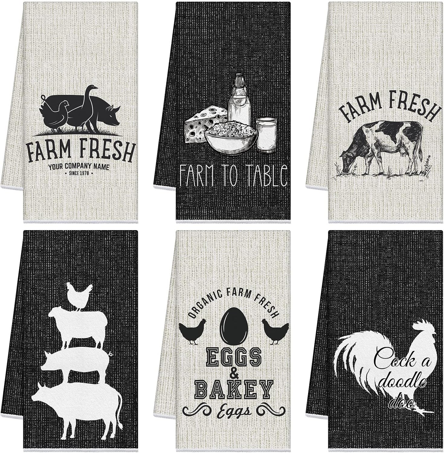 Redbaker 6 Pcs Farm Animal Kitchen Towels Farmhouse Funny Dish Towel Rustic Hand Towels Rooster Cow Pig Decorative Tea Dishcloth Absorbent with Hanging Loop for Kitchen Bathroom Housewarming Gift