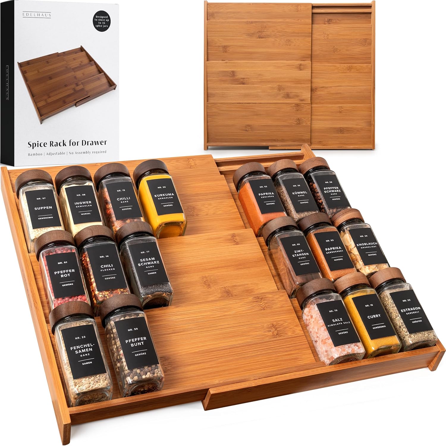 EDELHAUS Spice Drawer Organizer – Expandable Spice Rack for Drawer, Black Seasoning Organizer for Drawer Spice Organizer, Spice Organization Seasoning rack insert for Cabinet (Jars Not Included)