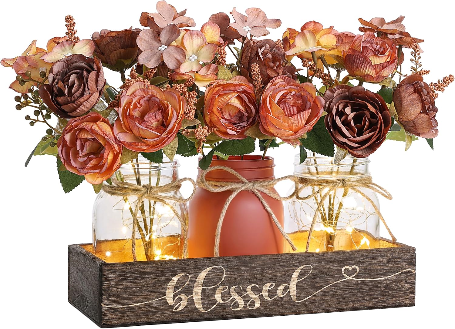 3 Pcs Mason Jar Centerpiece with Wood Tray & LED Light, Farmhouse Table Decor for Dining Room Kitchen Living Bathroom, Orange