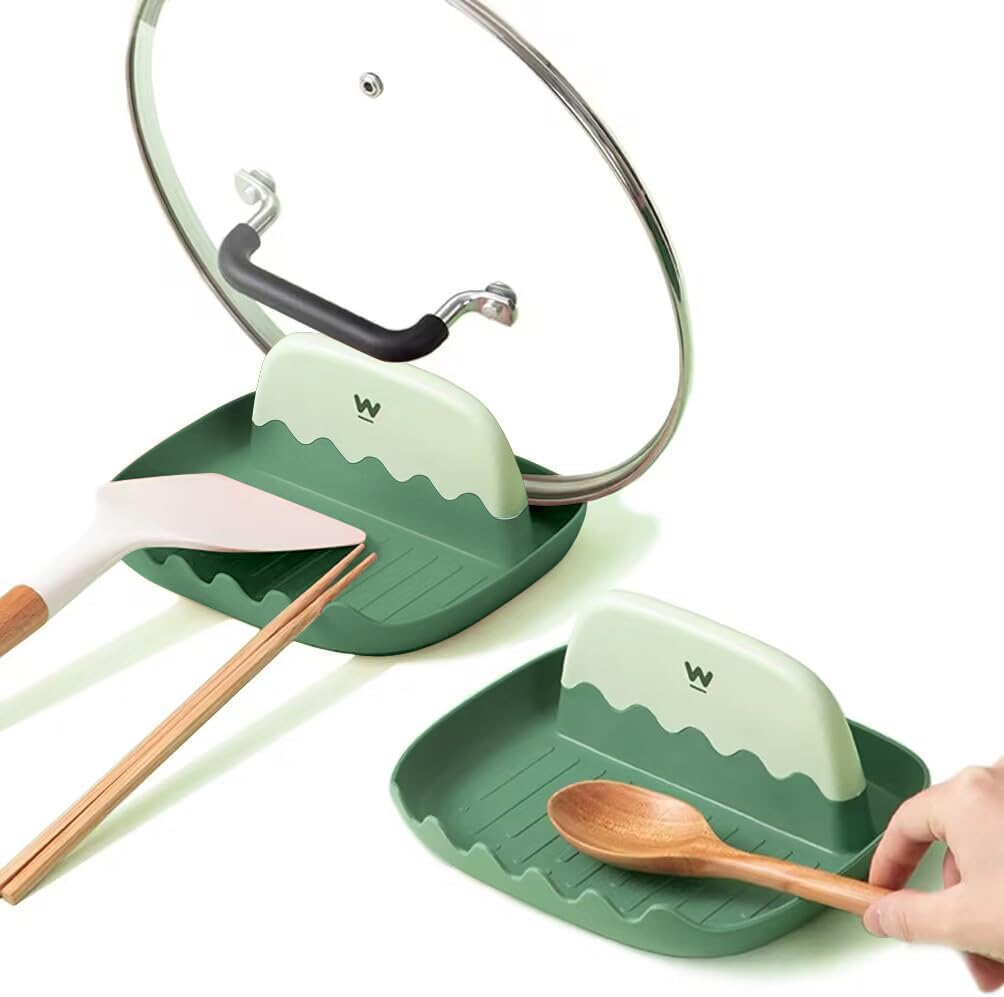 2-Pack Spoon Rest with Lid Holder for Kitchen Countertop (Green) | Drip-Free Utensil Rest, Ladle/Spatula/Spoon Holder for Stove Top, Kitchen Gadget Rack, Christmas Cooking Accessories