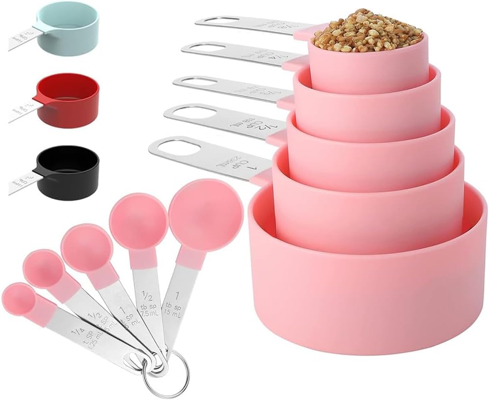 10Pcs Measuring Cups & Spoons Set, Stackable Cups and Spoons, Nesting Measure Cups with Stainless Steel Handle, Kitchen Gadgets for Cooking & Baking (Pink)
