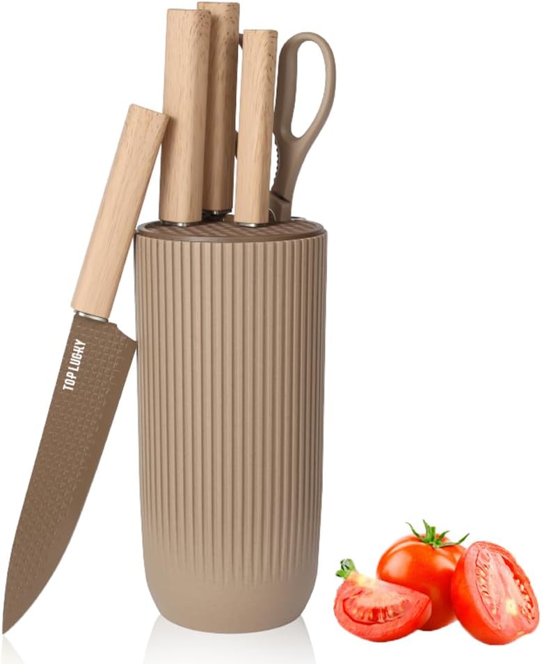 Knife Set, Wiztoynia 6-Piece Coffee Kitchen Knife Set for Home, Anti-Rust Non-stick Stainless Steel Sharp Chef Knife Set with Universal Knife Block for Kitchen, Ergonomical Design (Coffee)