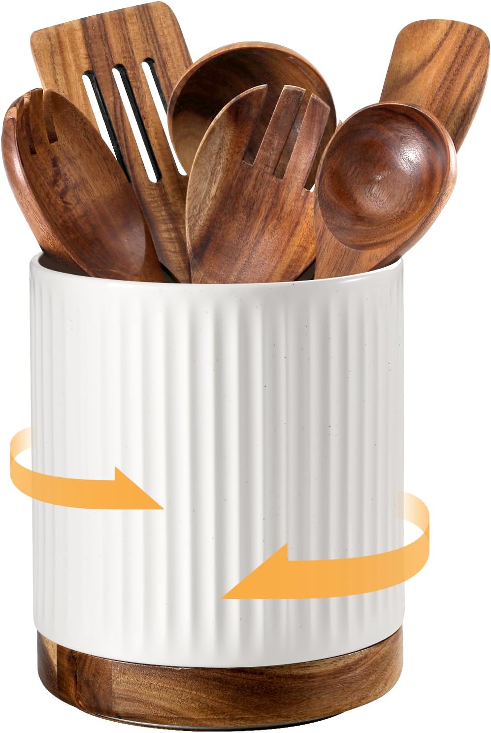 DOWAN 360° Rotating Extra Large Cooking Utensil Holder, 7.6″ Kitchen Utensil Holder for Countertop, Utensil Crock for Farmhouse Kitchen Decor, Ceramic Stable Utensil Caddy, White Stripes
