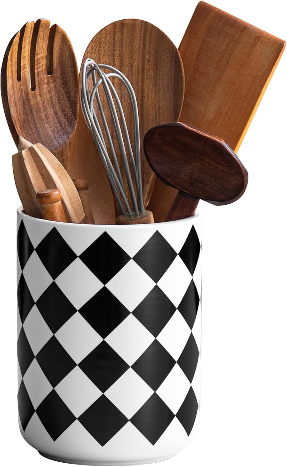 Kitchen Utensil Holder for Countertop， 6.4″ Ceramic Utensil Holder Deep and Stable，Kitchen Utensil Organizer，Modern Checkered Utensil Holder for Decor