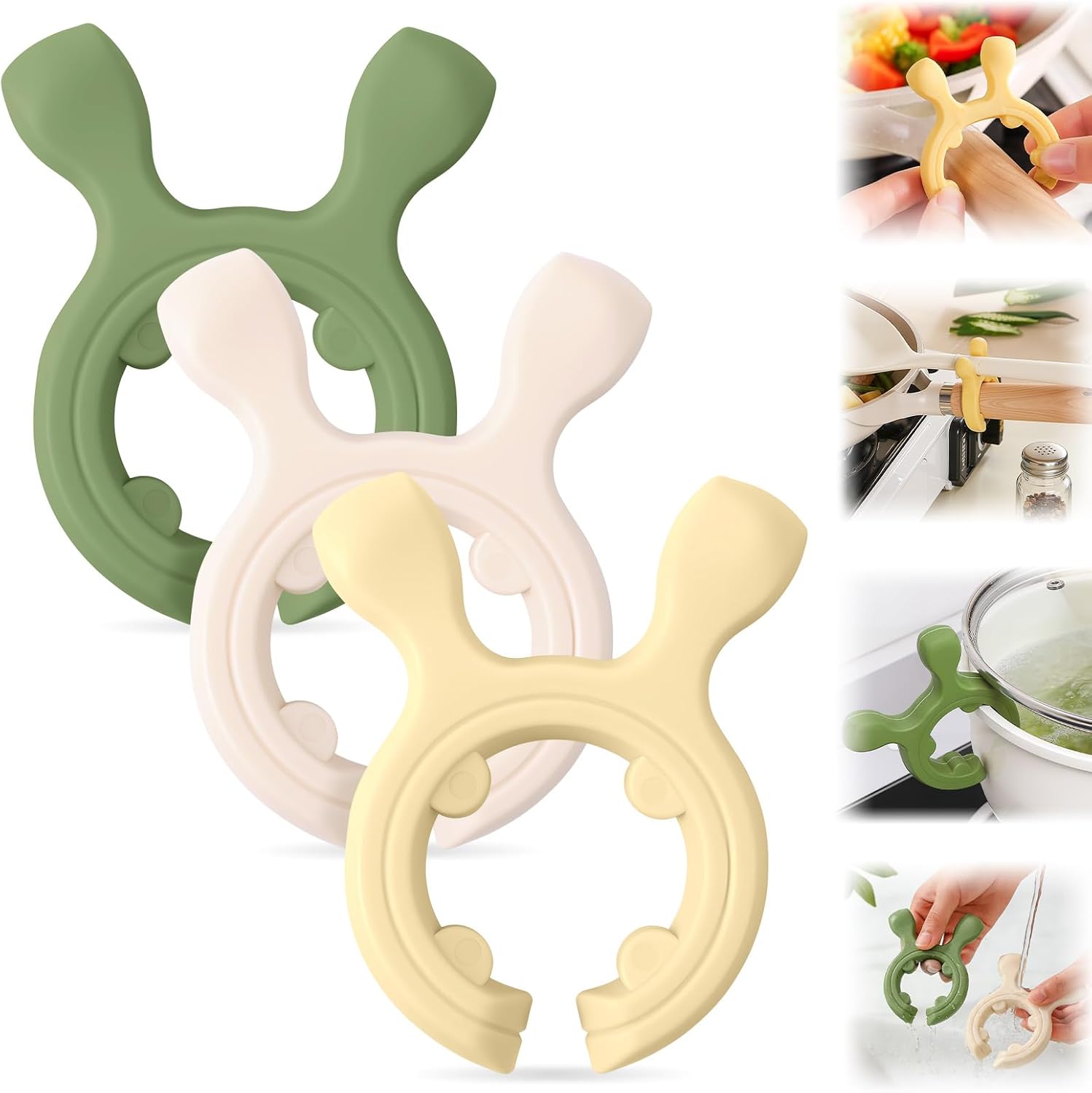 2026 New Multifunction Silicone Pot Handle Spatula Rack, 3 Pack Spatula Holder Mini Kitchen Gadgets, Non-Slip Anti Scalding Pot Clip, Drip-Free Design for Pot Pans (White + Green + Yellow)