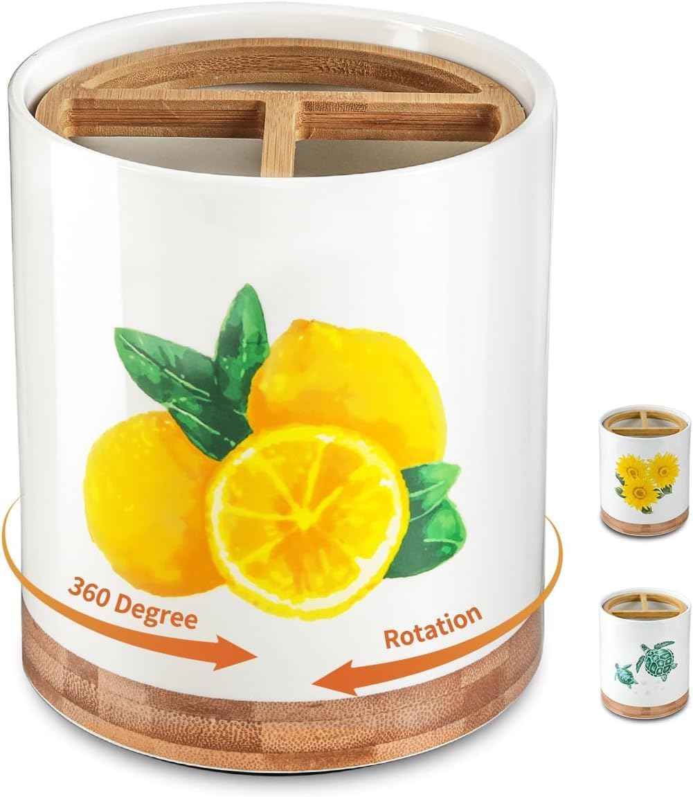 7.6″ Utensil Holder 360° Rotating with Removable Compartment (Lemon) | 360° Rotating, Lemon Pattern, 3 Compartment Removable Dividers, Large Size & Capacity, Stable and Fall-Prevention