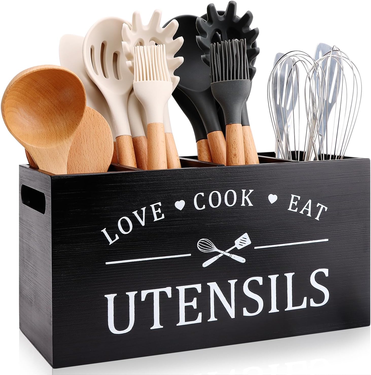 Black Extra Large Wood Cooking Utensil Holder Kitchen Spatula Spoon Holder