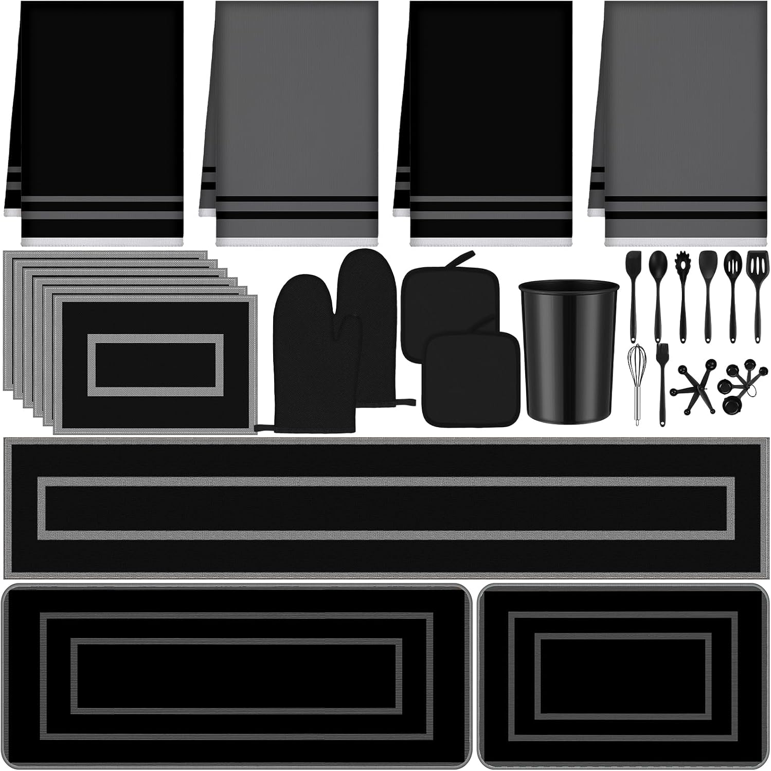 37 Pcs Black Kitchen Decor and Accessories Set Include | 20 Kitchen Utensil Set 4 Dish Towels 2 Oven Mitts and Pot Holders 3 Rugs 6 Placemats for Cooking Baking Housewarming Gifts