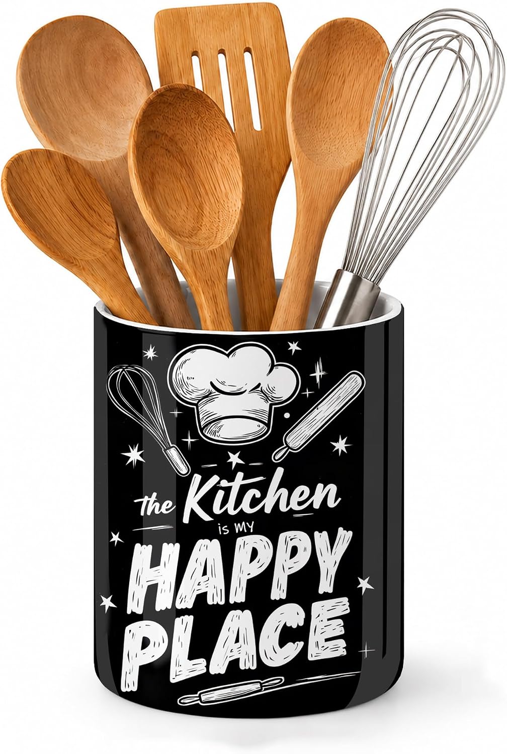Kitchen Utensil Holder,The Kitchen is My Happy Place Large Ceramic Utensil Crock for Countertop,Cooking Utensil Organizer for Spatulas,Spoons
