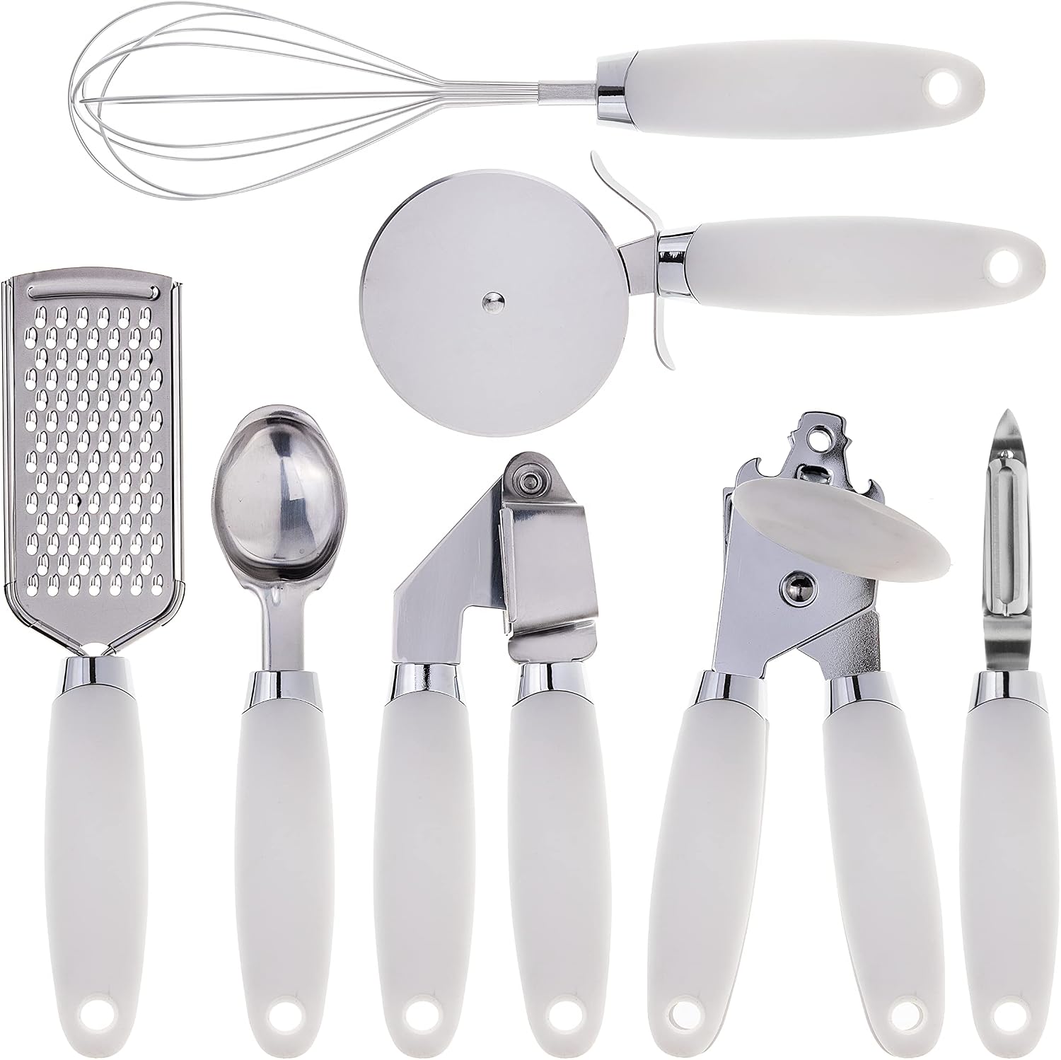 COOK WITH COLOR Kitchen Gadget Set Stainless Steel Utensils with Soft Touch Handles, 7 Pieces, Stainless Steel White