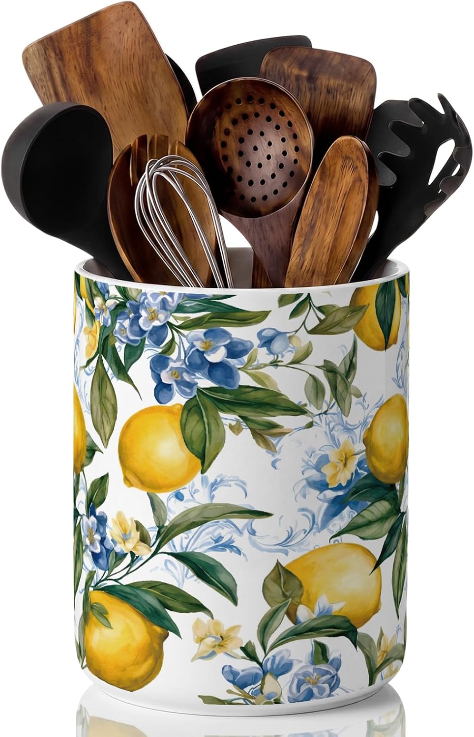 Lemon Ceramic Utensil Holder 6.3 Inch Rustic Kitchen Crock Summer Lemon Floral Design Countertop Storage Organizer for Spatula and Spoon Home Cooking Unique Gift Idea