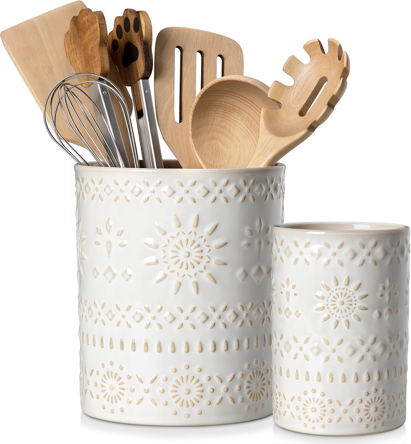 LOVECASA Ceramic Utensil Holder Set of 2, 7.2” & 5.4” Kitchen Crocks