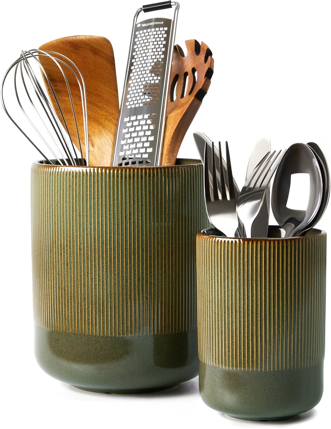 Pokini Kitchen Utensil Holder Countertop, 7.3″+5.3″ Ceramic Utensils Crock