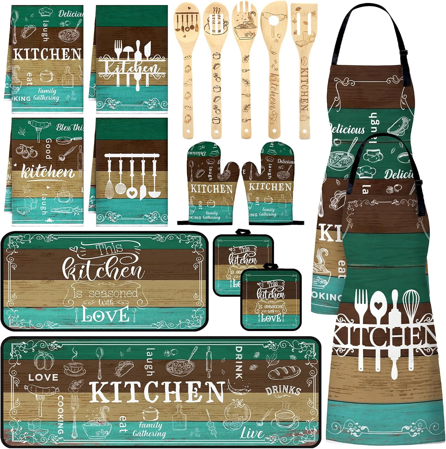 Bencailor 17 Pcs Teal Kitchen Decor and Accessories Teal Kitchen Rug & Mat | 2 Sets Teal Oven Mitts and Pot Holders, 2 Teal Apron, 4 Kitchen Towels, 5 Wooden Spoons, Turquoise Kitchen Accessories