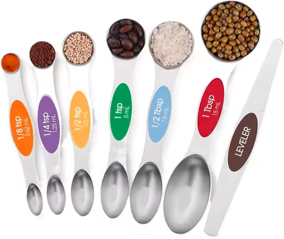 Set of 7 Stainless Steel Magnetic Measuring Spoons Set with Leveler – Stackable Tablespoon Measure Spoon for Baking and Cooking, Kitchen Gadgets for Apartment Essentials (Multicolor)