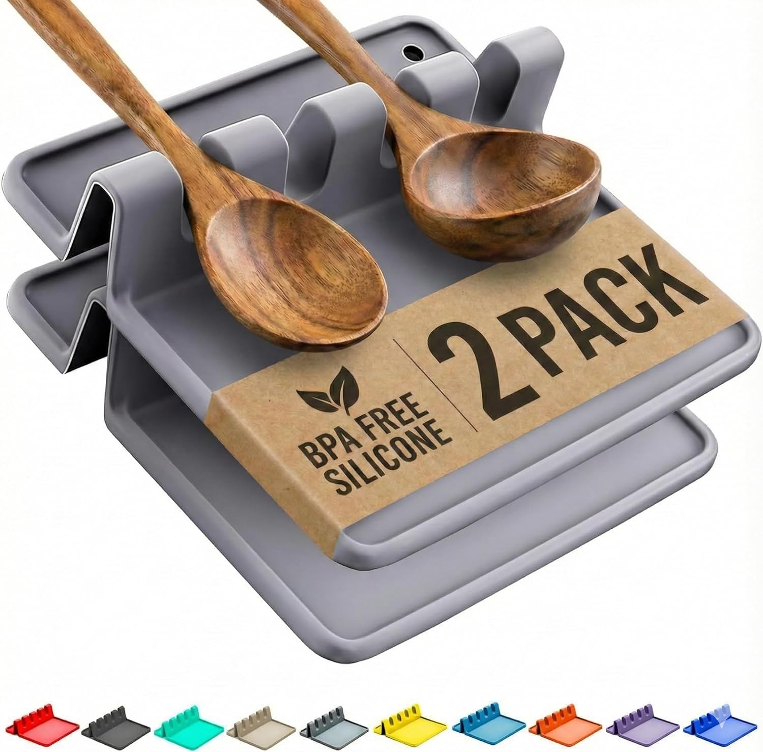 2 Pack Grey Silicone Spoon Rest for Stove Top Kitchen Spoon Holder Set