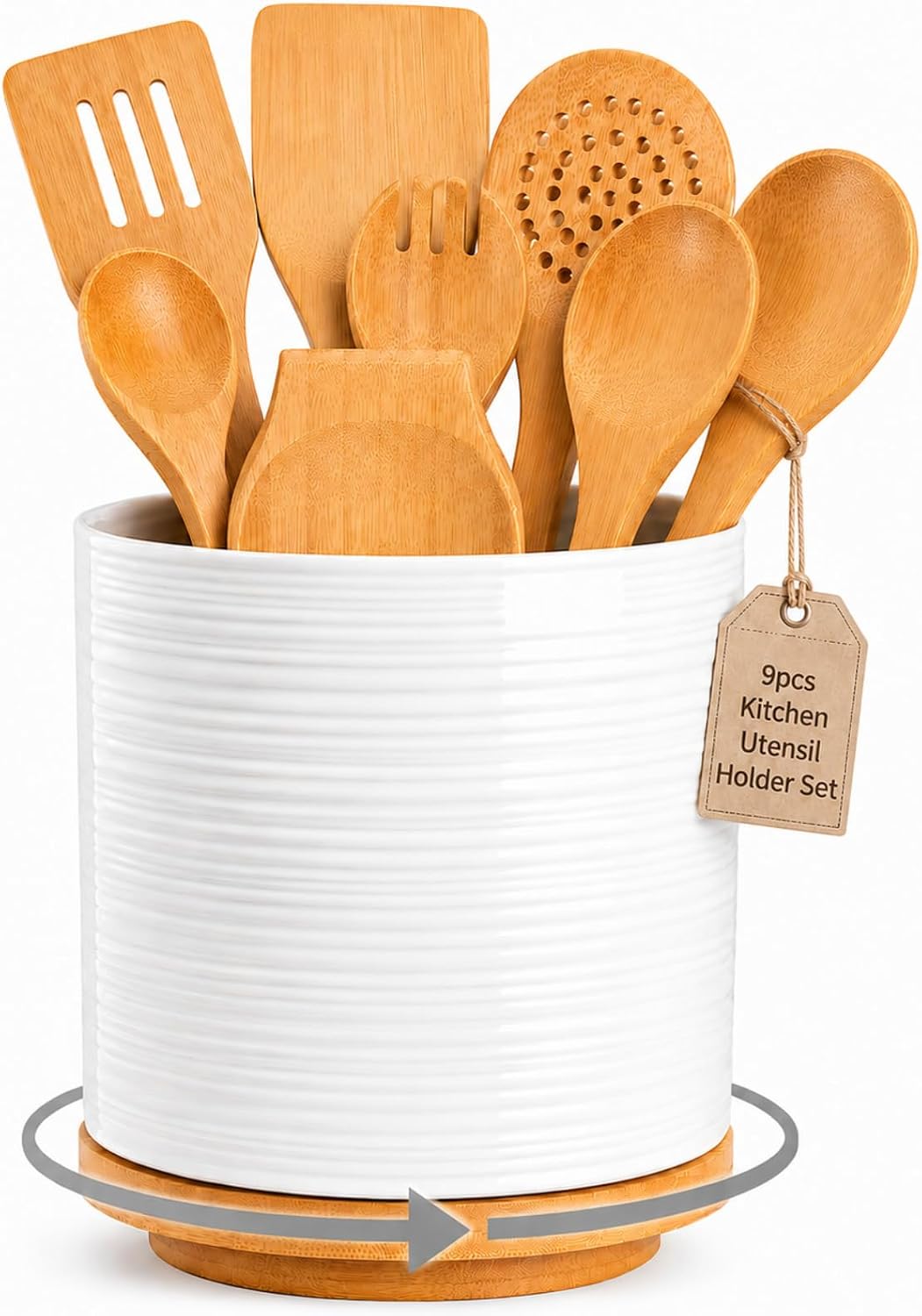 White Ceramic Kitchen Utensil Holder, 360 Rotating 9-Piece Set