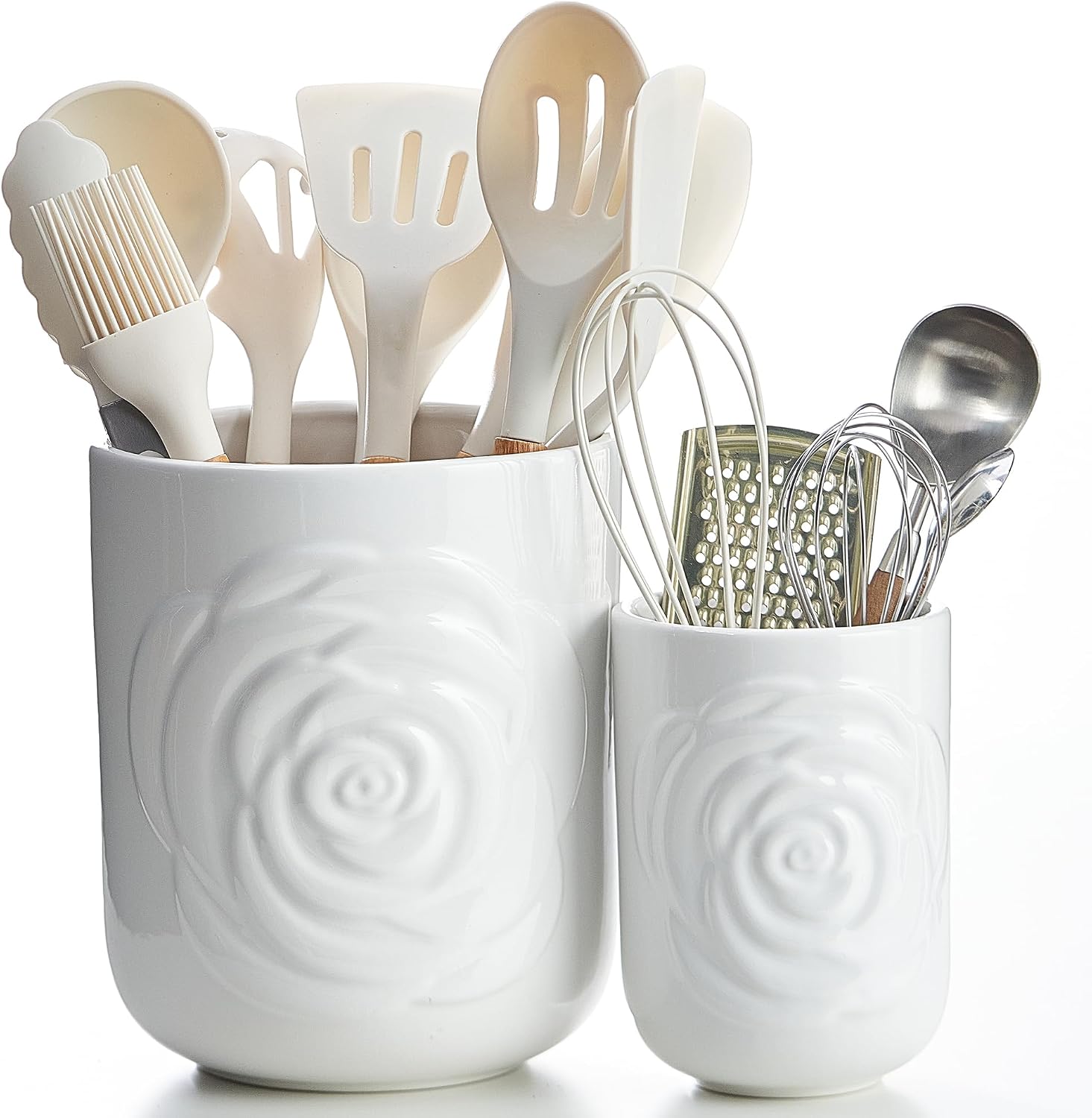 Large Utensil Holder Set of 2, 7.5″+ 5.5″ – Ceramic Kitchen Countertop Utensil Crock for Spatulas, Spoons & Cooking Tools, Farmhouse Kitchen Counter Decor, White Rose