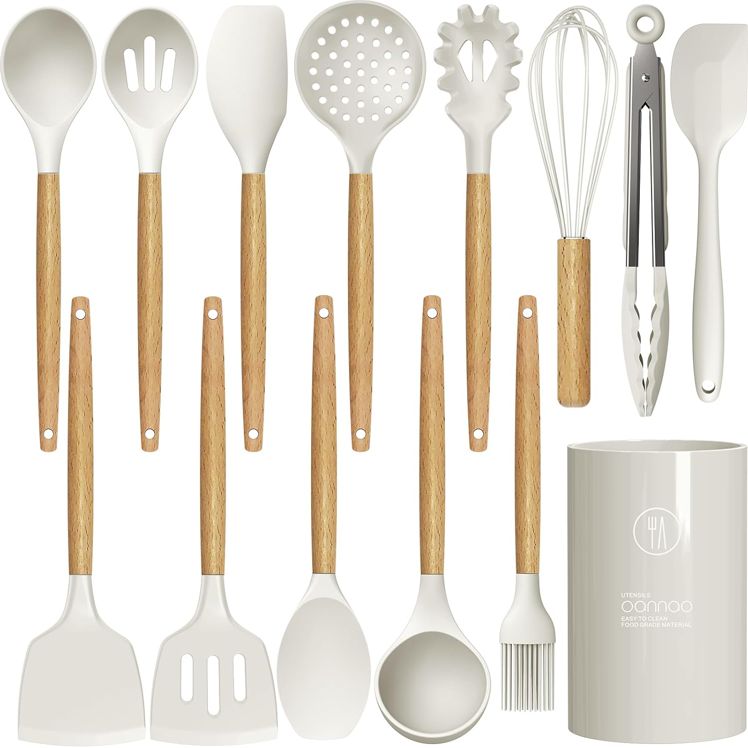 oannao Silicone Cooking Utensils Set – 446°F Heat Resistant Silicone Kitchen Utensils for Cooking,Kitchen Utensil Spatula Set w Wooden Handles and Holder for Non-Stick Cookware (Cream White)