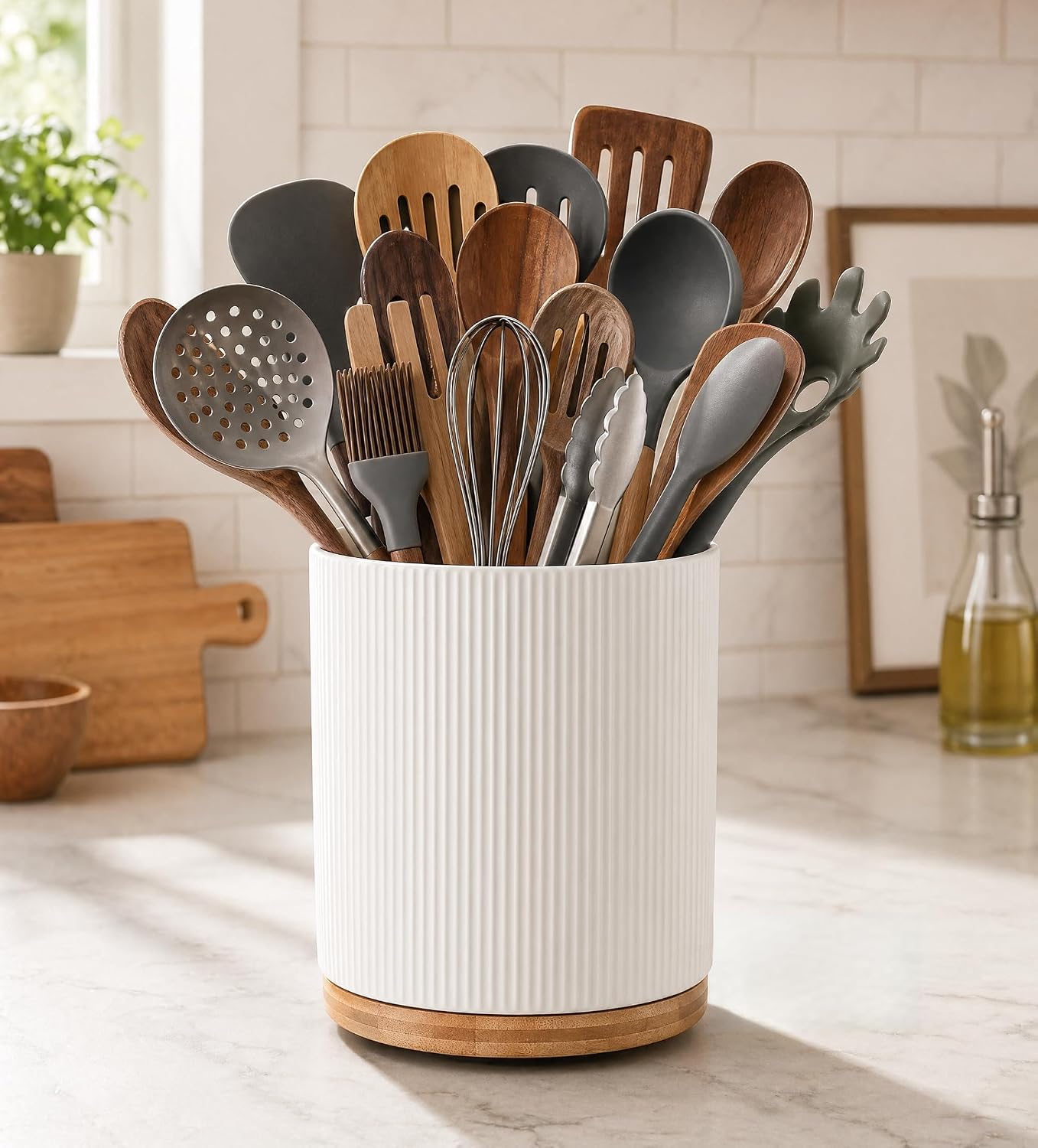 KSENDALO Large Ceramic 360° Rotating Utensil Holder, Cream Milk White
