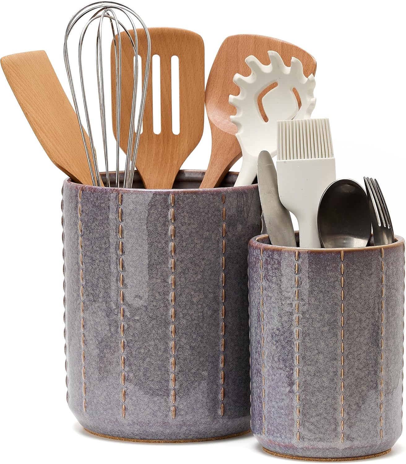 JIEMEI HOME Kitchen Utensil Holder, Large 7.5″+6.2″ Bead Chain Ceramic Utensil Crock for Countertop, Utensil Holder with Cork Mat, Morden Utensil Organizer for Spatula, Kitchen Decor, Set of 2, Purple
